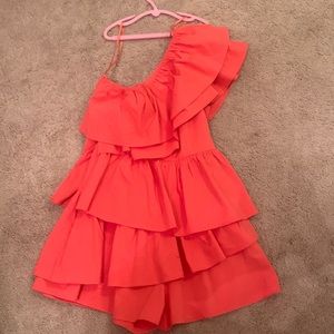 One shoulder coral ruffle dress